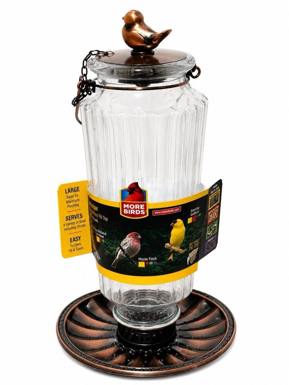 More Birds Roseland Glass Bird Feeder Copper Finish 2 lb Seed Capacity NEW